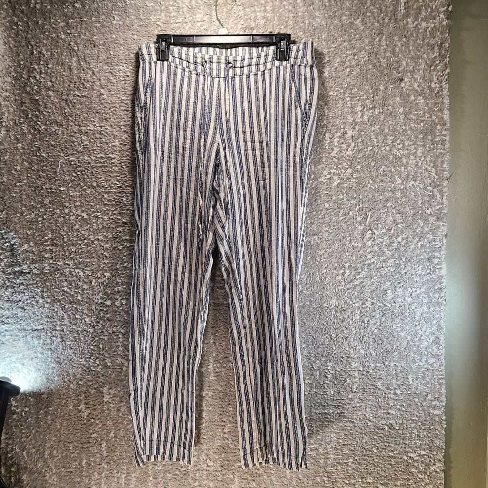 For Cynthia Linen Blend Elastic Waist Striped‎ Pants Medium White Gray Pockets